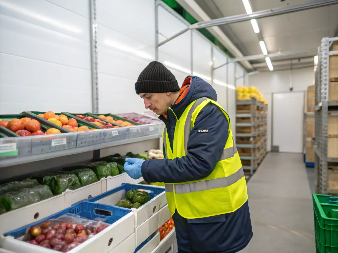 A high-resolution image depicting a quality control expert inspecting a batch of freshly harvested Egyptian mangoes in a modern packing facility, ensuring only the best produce is selected for export.