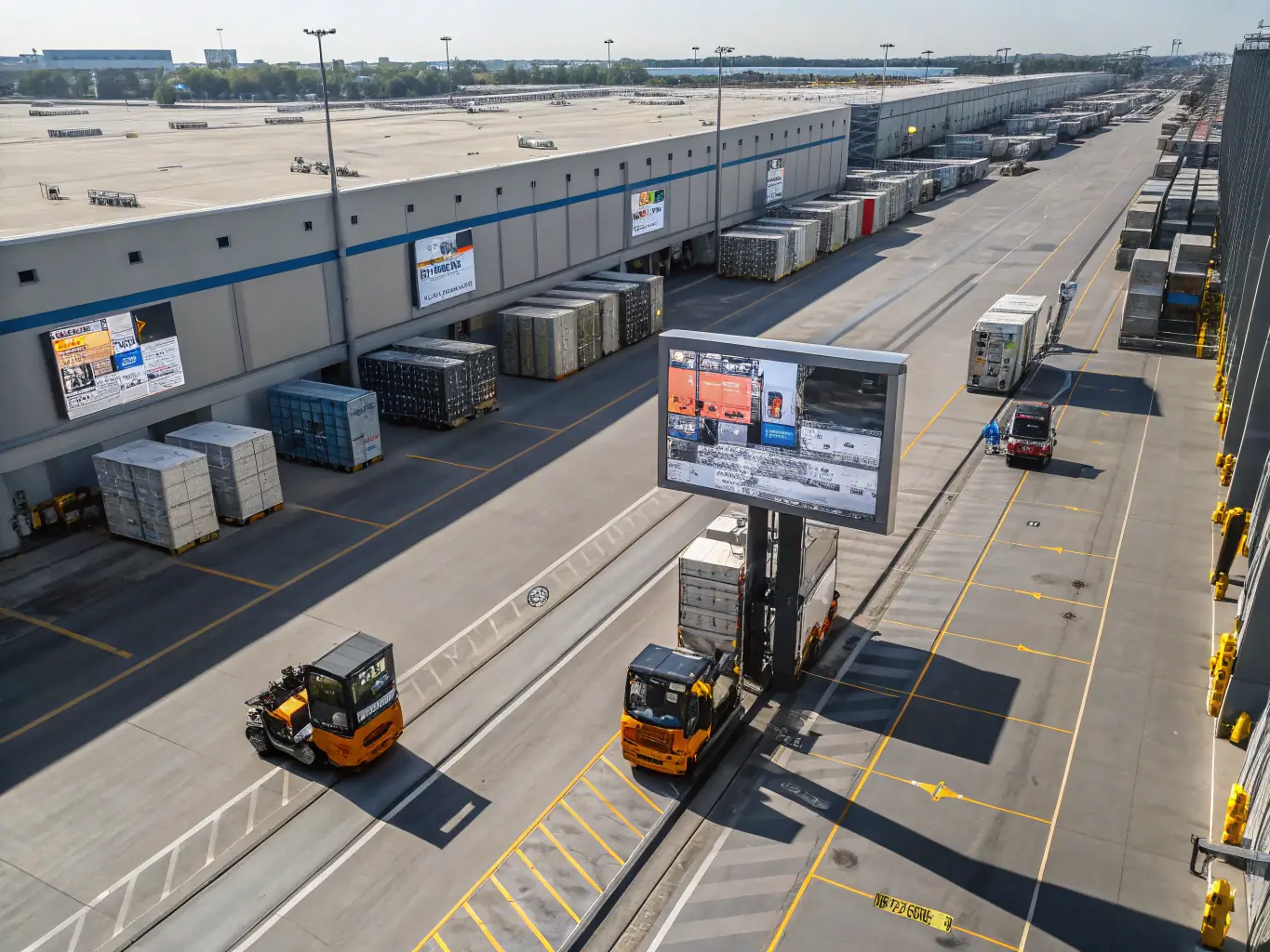 An image showcasing a modern logistics operation with EgyptianHarvest branded trucks and containers, emphasizing the efficiency and reliability of their delivery services from Egypt to Italy.