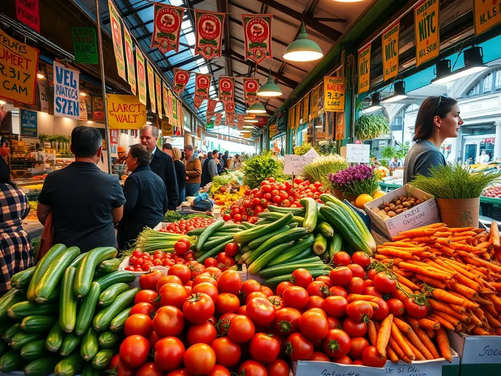 An image displaying a selection of fresh Egyptian vegetables, including cucumbers, tomatoes, and peppers, arranged on a market stall. The scene captures the vibrant colors and freshness of the produce.