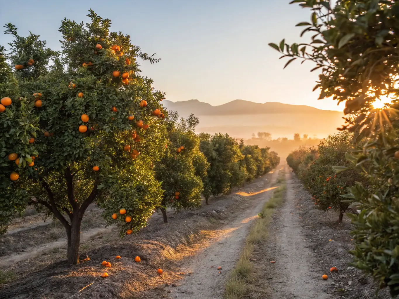 A vibrant image showcasing a variety of freshly harvested Egyptian oranges in crates, ready for export. The scene is set in a sunny orchard, emphasizing the natural and fresh quality of the produce.